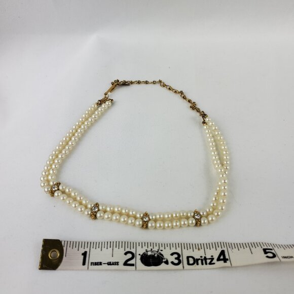 Vintage 1928 Signed Imitation Pearl Rhinestone Gold Tone Double Strand Necklace - Picture 2 of 5
